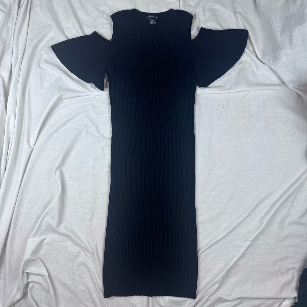 Club Monaco Sweater Midi Dress Cold Shoulder Flutter Sleeves Size M
